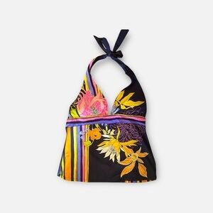 Trina Turk Royal Botanical Rolltop Floral Print Tankini Top Boho Swim Yoga